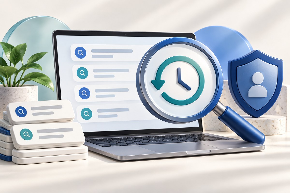 Laptop with search history cards, a magnifying glass, clock and privacy shield