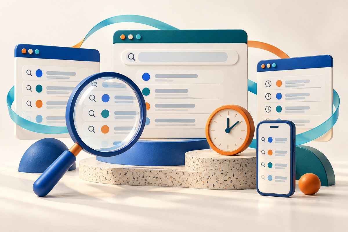 Browser history cards and a smartphone with a magnifying glass and clock