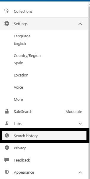 Bing settings menu with the Search history option highlighted